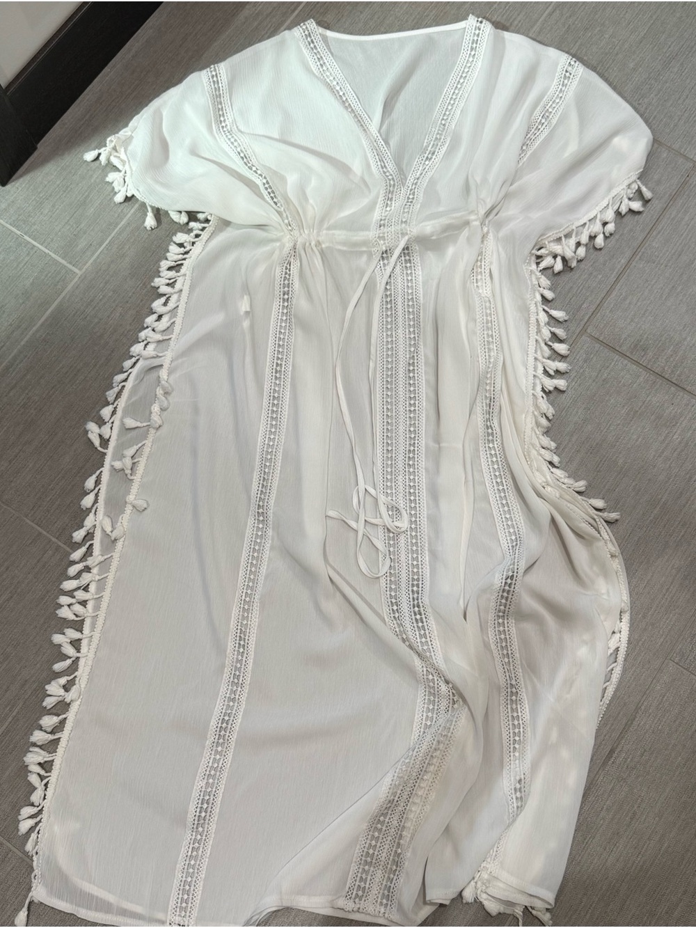 Women’s White Tassel-Trim Beach Cover-Up Caftan